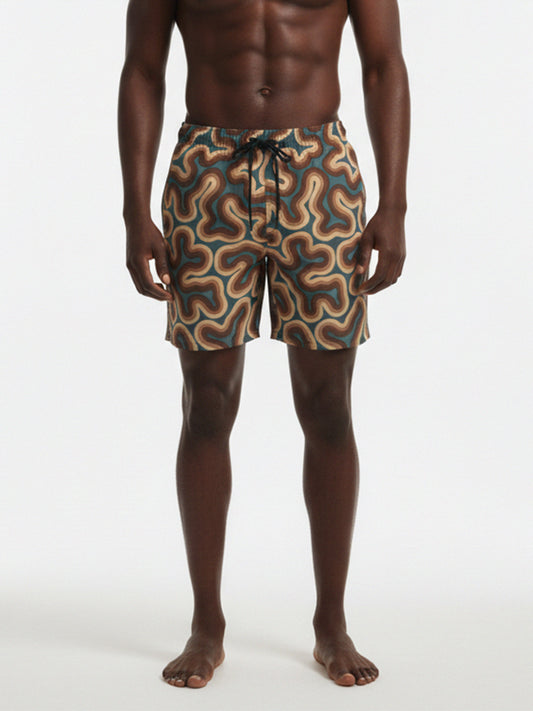 swim-trunk-barbosa-by-copala-beach-drawstring-swim-short-in-teal-and-brown-abstract-wave-print-on-model-front-view
